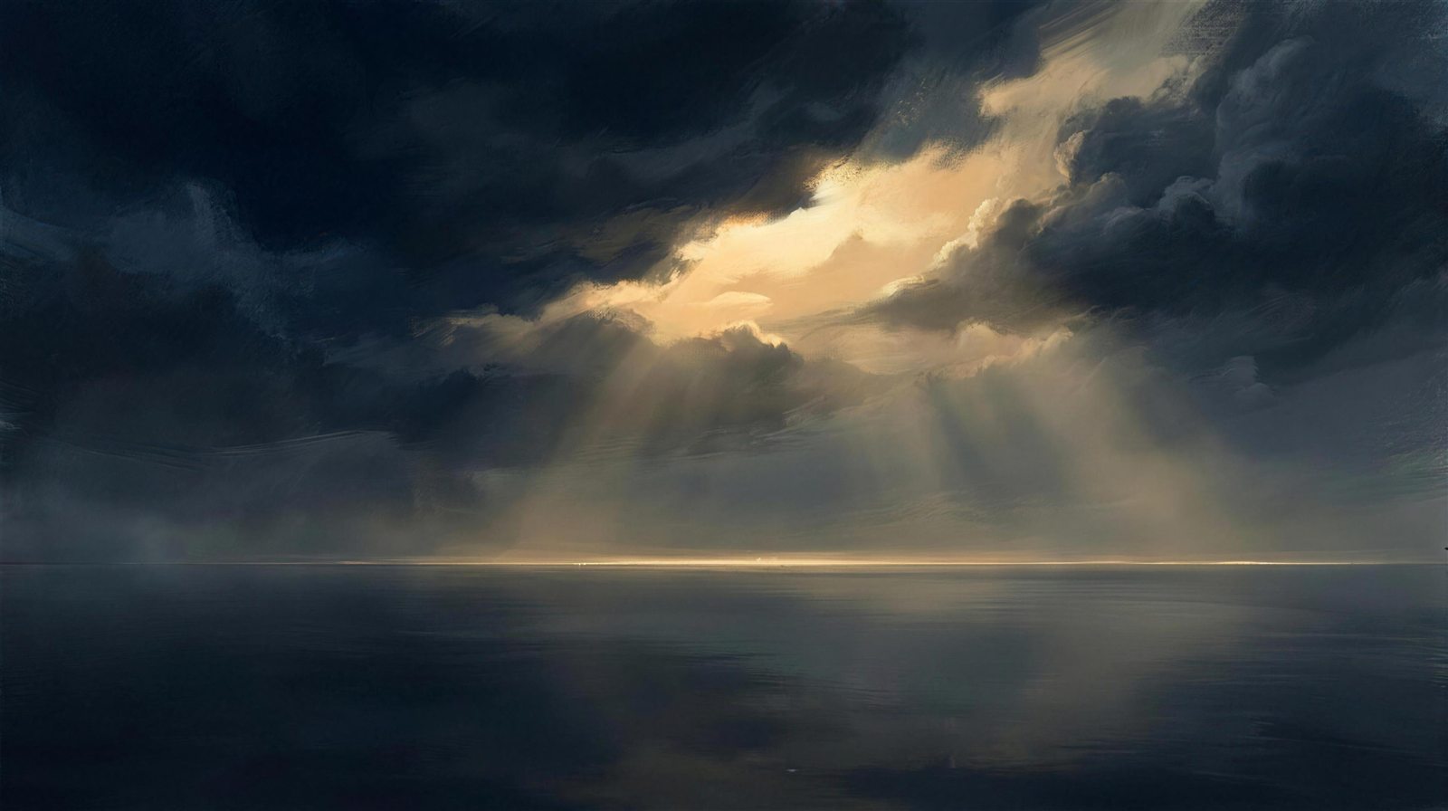Storm clouds parting over a dark sea, golden light streaming through